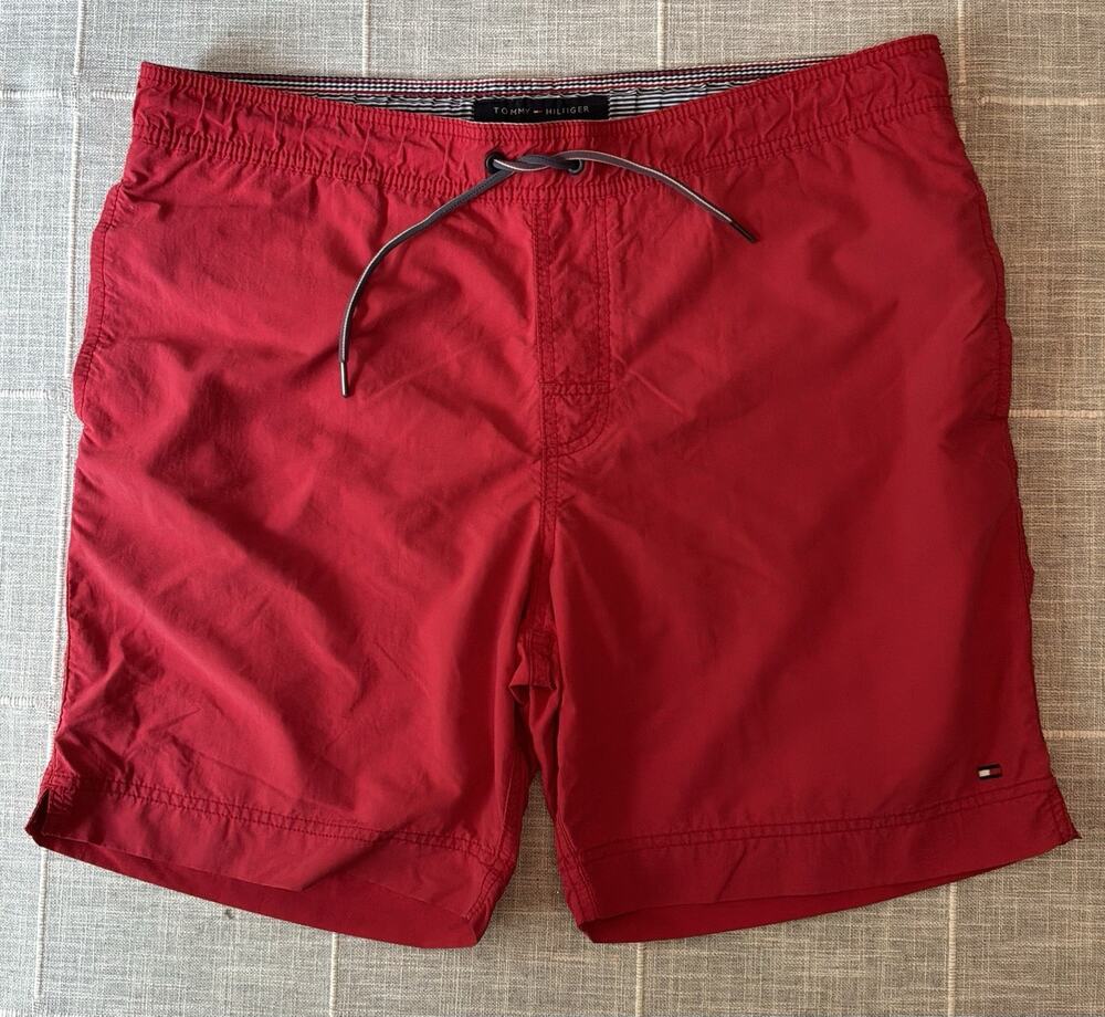 Tommy Hilfiger Swim Trunks Mens M Red Mesh Lined Drawstring Preppy Streetwear‎